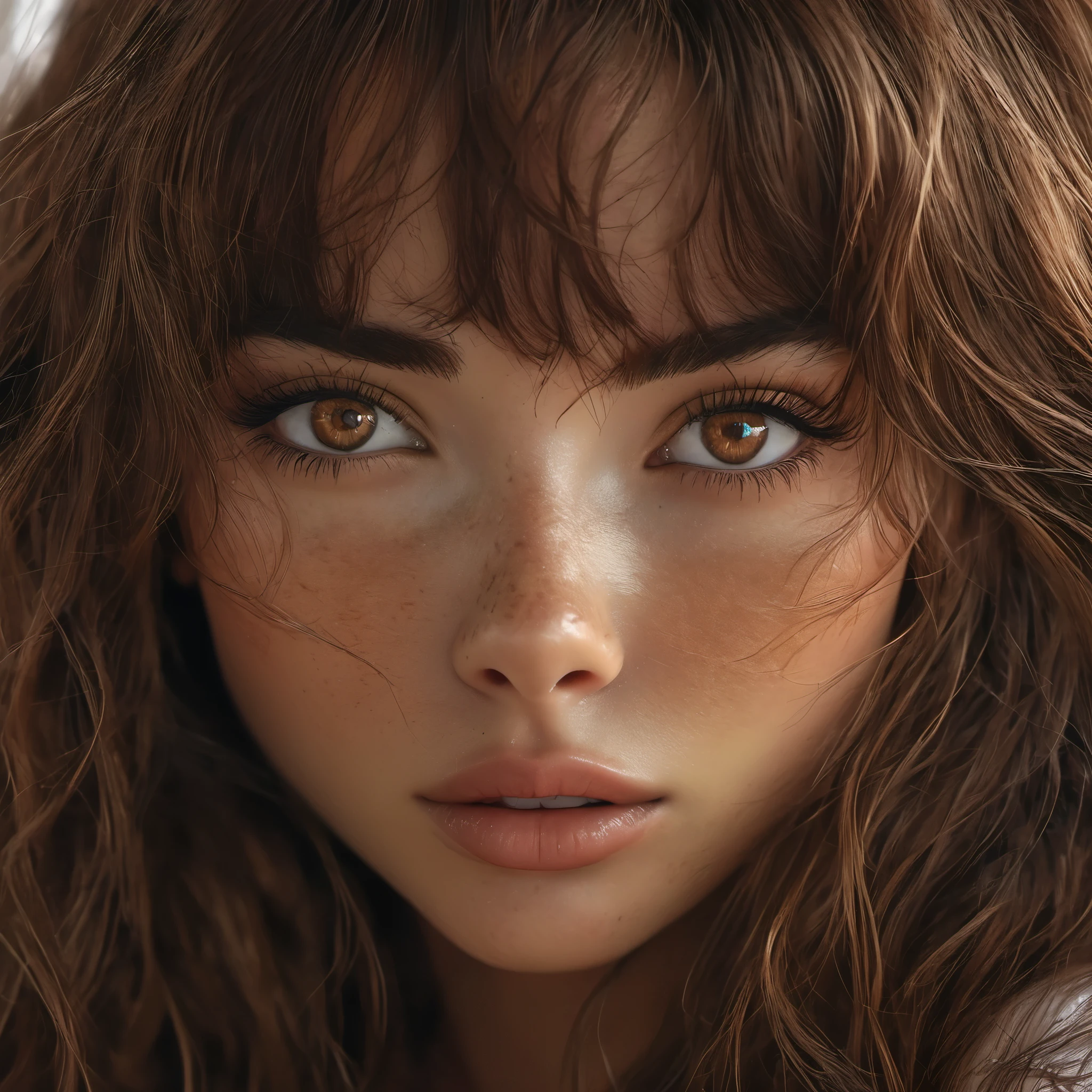 masterpiece, best quality, perfect eyes, high details, 4k, 8k, 1girl,solo,looking at viewer, brown hair, Layered Bangs, brown eyes, parted lips,teeth,lips,eyelashes,messy hair,portrait,close-up,freckles,realistic ,glowin eyes