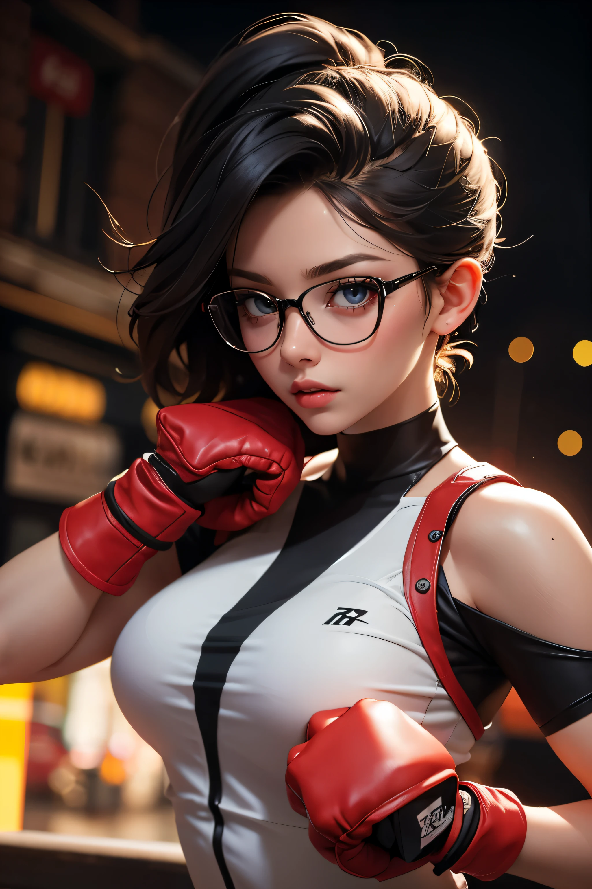 Wide angle shot, beautiful female street fighter, wearing large glasses, black undercut hair, wearing large iron gloves
