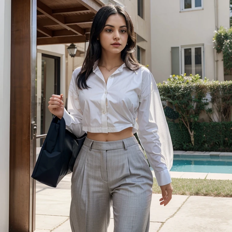 Camila Mendes dressed in a formal shirt and pants and her hips wide