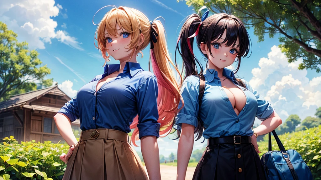 2girls, summer, village, trees, sun, clouds, ((colorful hair)), long hair, side ponytail, large breasts, button down, blue eyes, ((blue shirt)), ((unbuttoned shirt)), unbuttoning buttons, popping buttons, ((short sleeved shirt)), black mini skirt, brown shoes, grin, standing, hair ribbon, cleavage, golden necklate, hand on hip
