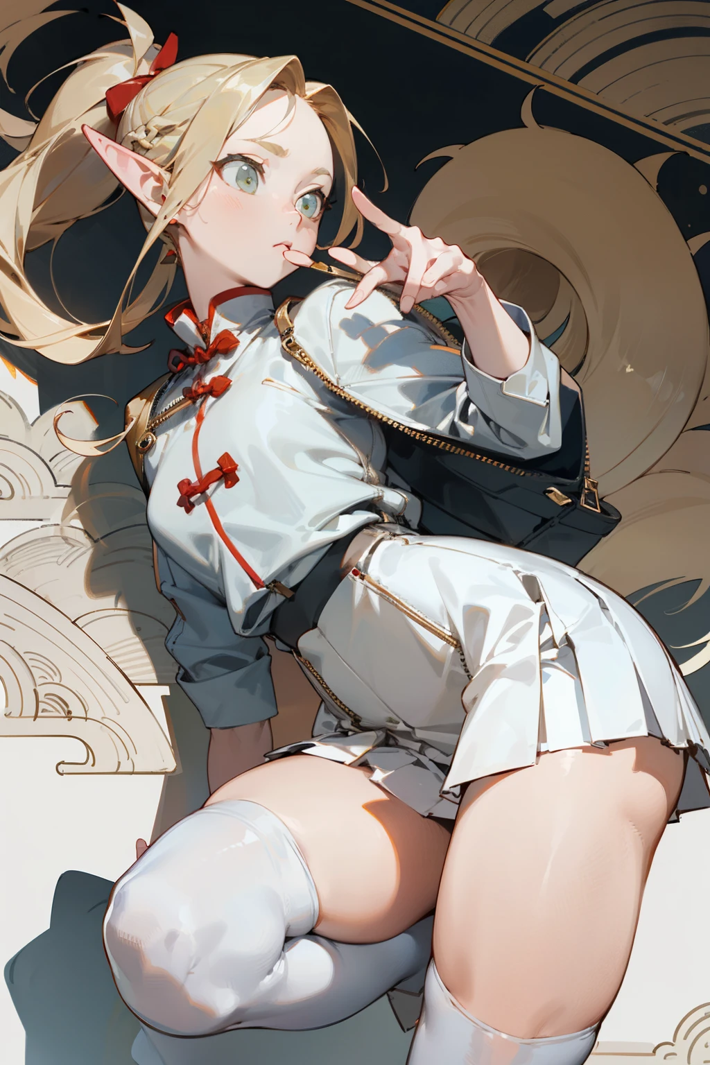 (masterpiece, best quality) detailed, Wearing white tights, silver accessories , The zipper is not closed , a blonde ,elegant, pointed ears ，Chinese element pattern，thigh，漏出thigh，White shirt，White pleated skirt，