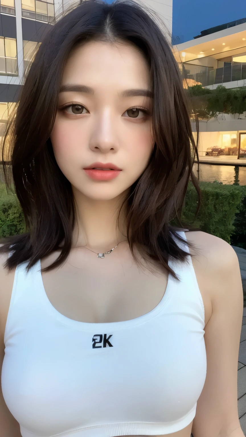 ((realistic lighting, highest quality, 8K, masterpiece: 1.3)), clear focus: 1.2, 1 girl, perfect figure: 1.4, slim abs: 1.1, ((dark brown hair)), (white crop top: 1.4), (outdoor, night: 1.1), River side, super fine face, fine eyes, double eyelid,