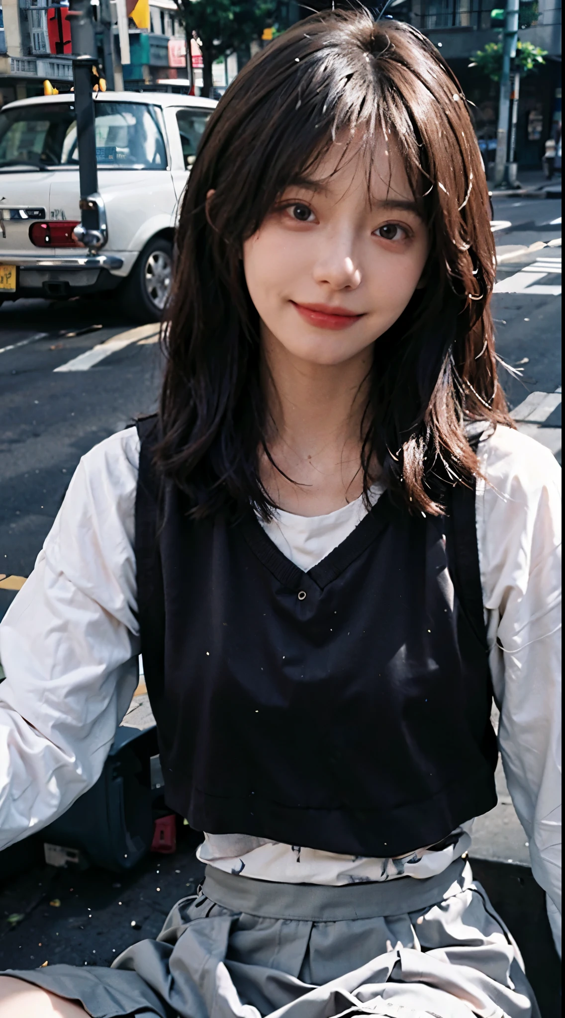 top quality、ultra high resolution、(Realism:1.4)、(ulzzang-6500:0.4)、Beauty、korean idol、21 years old、hair length、light brown hair、clean wavy hairstyle、、 are small、realistic eyes, thin and long narrow eyes、beautiful eyes、a smile、crop top、Vest、Wear a see-through shirt、mini skirt、on the street、Squat down、thin and long、A thin and long、Slender body line information
