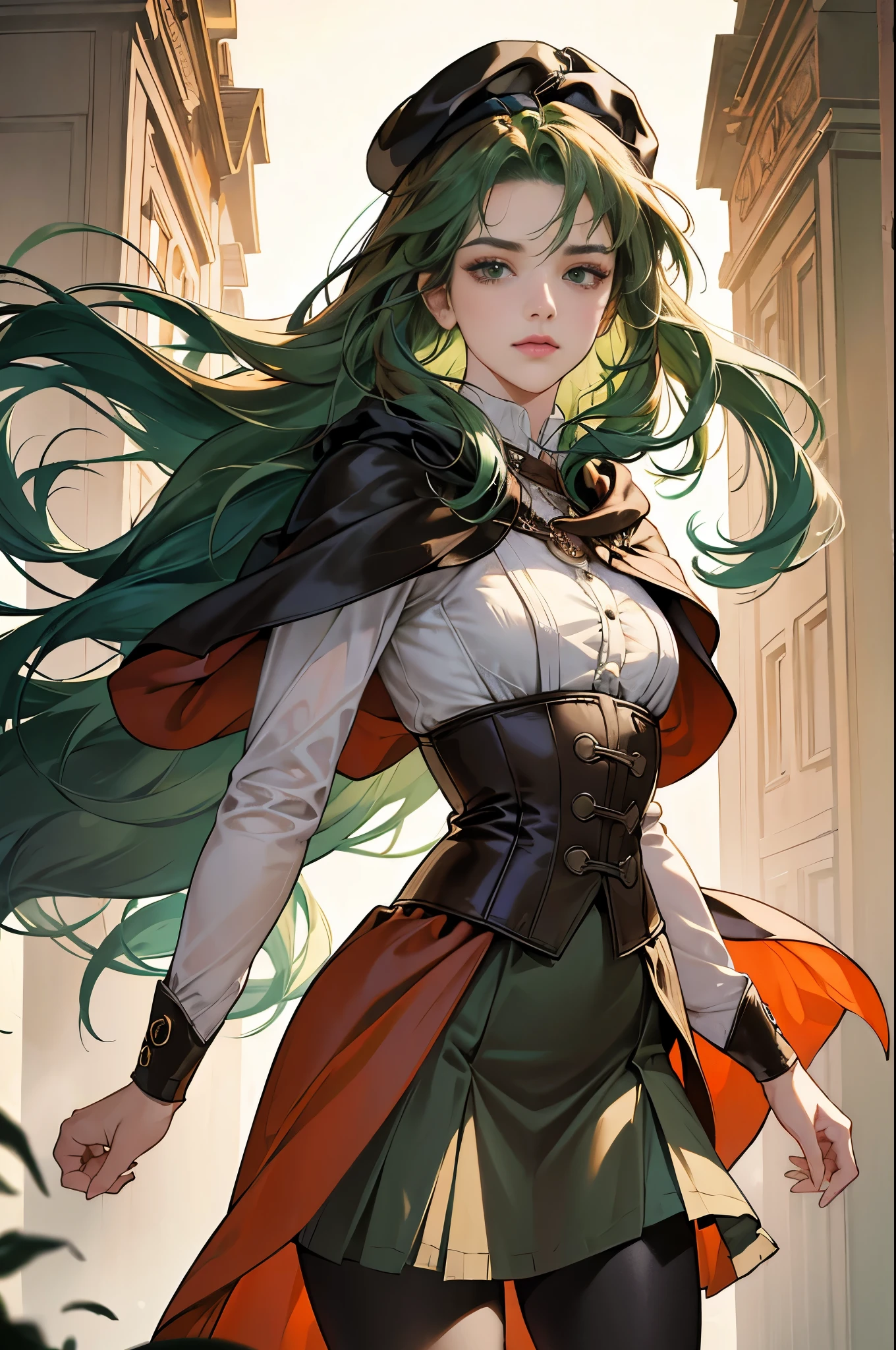 masterpiece, Super detailed, 8K portrait, RAW photo, portrait photography, highly detailed face, beautiful and detailed eyes, ((fantasy)), young and beautiful, 22 years ago, dynamic pose, (((long straight deep green hair))), ((One side is woven with orange ribbon)), dull bangs, beret, white skin color, luxury, hooded (((Dark brown))) (((Silk Long Cloak))) fluttering in the wind, (((dress shirt))), (((silk maxi skirt))), leather corset, (((dark thigh high tights))), High Cut Leather Boots, (((Lift a long magic wand))), ((wear a pocket watch)), midday sun, surreal, body model, small breasts, beautiful breasts, long legs, city, environmental lighting, shadow details , focus the camera on the face, strong wind, light fog