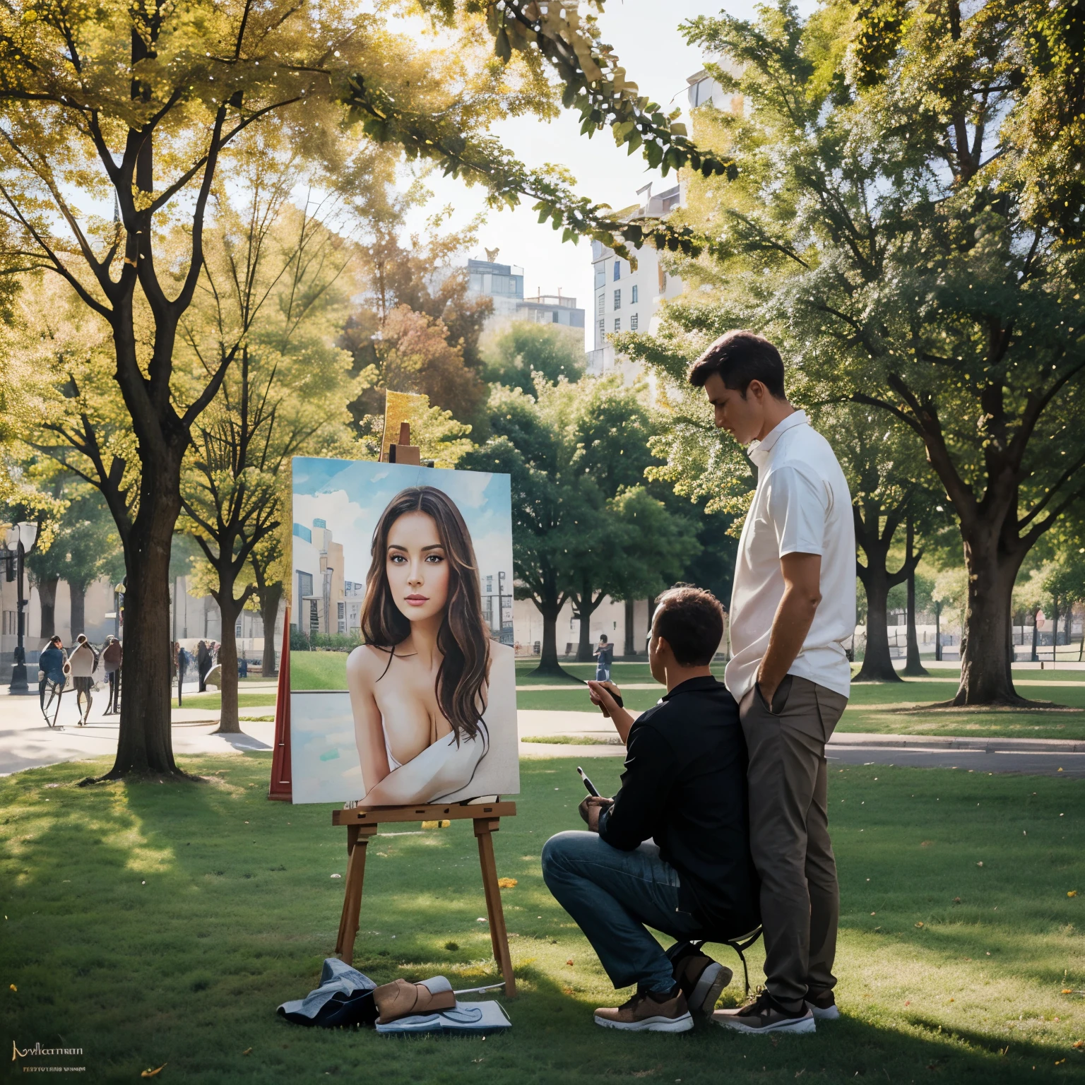 lustration of a couple in a city center park and a man painting his woman on canvas with watercolors around him