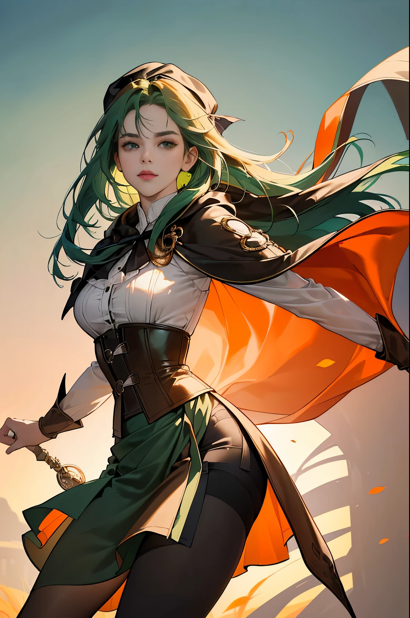 masterpiece, Super detailed, 8K portrait, RAW photo, portrait photography, highly detailed face, beautiful and detailed eyes, ((fantasy)), young and beautiful, 22 years ago, dynamic pose, (((long straight deep green hair))), ((One side is woven with orange ribbon)), dull bangs, beret, white skin color, luxury, hooded (((Dark brown))) (((Silk Long Cloak))) fluttering in the wind, (((dress shirt))), (((silk maxi skirt))), leather corset, (((dark thigh high tights))), High Cut Leather Boots, (((Lift a long magic wand))), ((wear a pocket watch)), midday sun, surreal, body model, small breasts, beautiful breasts, long legs, city, environmental lighting, shadow details , focus the camera on the face, strong wind, light fog