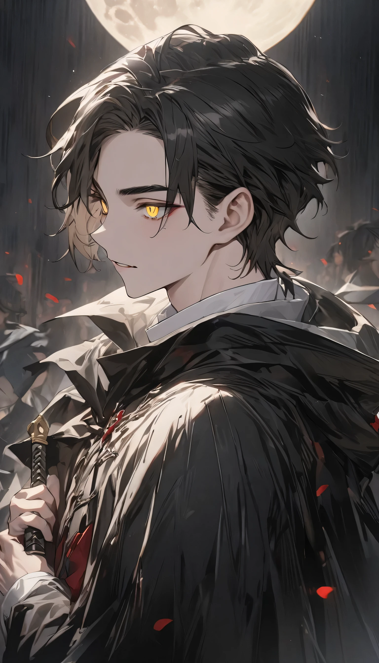 (highest quality、masterpiece、High resolution、detailed)、(beautiful anime)、(Shining eyes、detailed)、Break、A tall, thin young man with a handsome face with perfect pale features, long black hair, yellow eyes, beautiful black eyebrows, vampire, There is a thoughtful look on his face, Wearing a pure white shirt and black cloak, In his hand is a dagger、A red full moon on his back