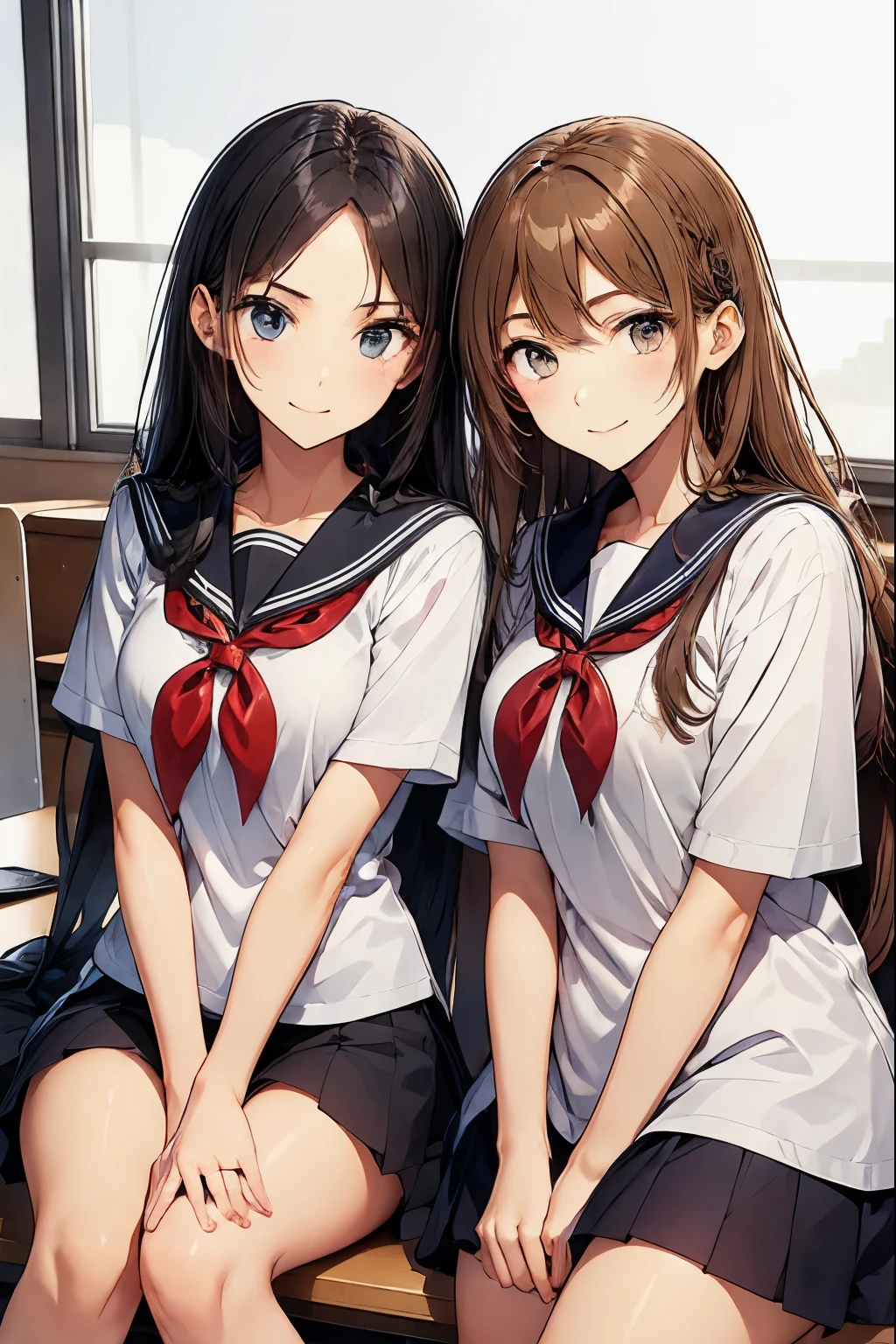 Two high school girls sitting in a classroom、seductive smile、