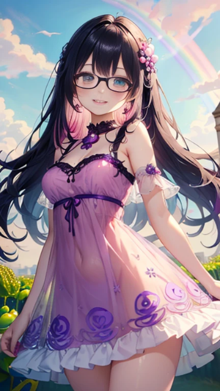 小さなgirl、Glasses、petal、thick thighs、big ass、 (alone:1.5,)Super detailed,bright colors, very beautiful detailed anime face and eyes, look straight, shiny_skin,girl,(((long hair、rainbow colored hair, colorful hair, Half black、half pink hair: 1.2))) 、forehead is exposed.、shiny hair, delicate beautiful face, blush、(turquoise eyes), White skin, Valletta, earrings,、blue flower field、(((See-through、Pink ruffled dress with banana print、purple mini skirt)))、twin tails、smile、smile、Face dyed red
