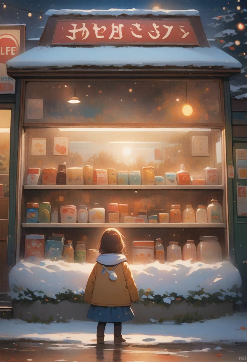 (masterpiece,photography,lifelike,)winter,heavy snow,snow,late night,Convenience store at night,supermarket,Huge glass windows,The old man and the dog in the window,bus stop