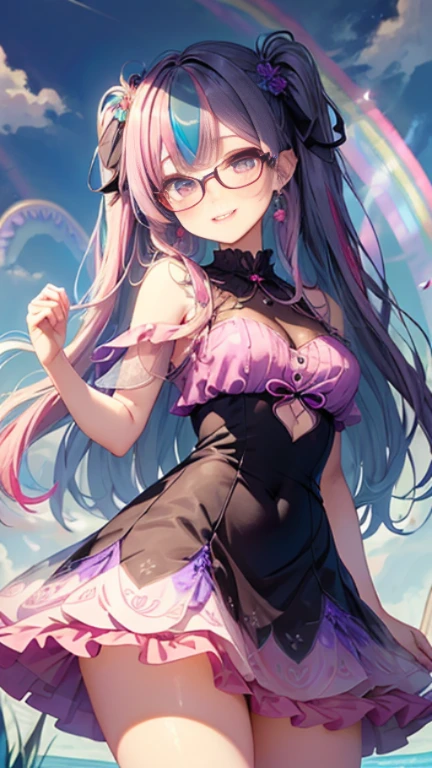 小さなgirl、Glasses、petal、thick thighs、big ass、 (alone:1.5,)Super detailed,bright colors, very beautiful detailed anime face and eyes, look straight, shiny_skin,girl,(((long hair、rainbow colored hair, colorful hair, Half black、half pink hair: 1.2))) 、forehead is exposed.、shiny hair, delicate beautiful face, blush、(turquoise eyes), White skin, Valletta, earrings,、blue flower field、(((See-through、Pink ruffled dress with lavender pattern、purple mini skirt)))、twin tails、smile、smile、Face dyed red