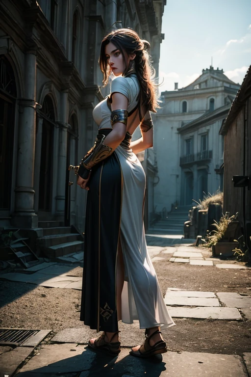 (((Full body shot))), (((Standing on the ground))), full body warrior woman romano empire, Cinematic, Photoshoot, 25mm, Depth, Tilt Blur, Shutter, 1000, White Balance, 32k, Resolution, RGB, Half rear Lighting, Backlight, Dramatic