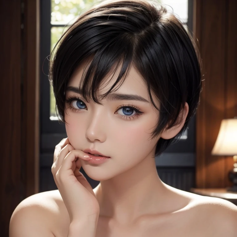 nsfw, huge tits, beautiful face, (black hair, short hair:1.3), Beautiful Hairstyles, realistic eyes, detailed and beautiful eyes, disorganized, cum in mouth