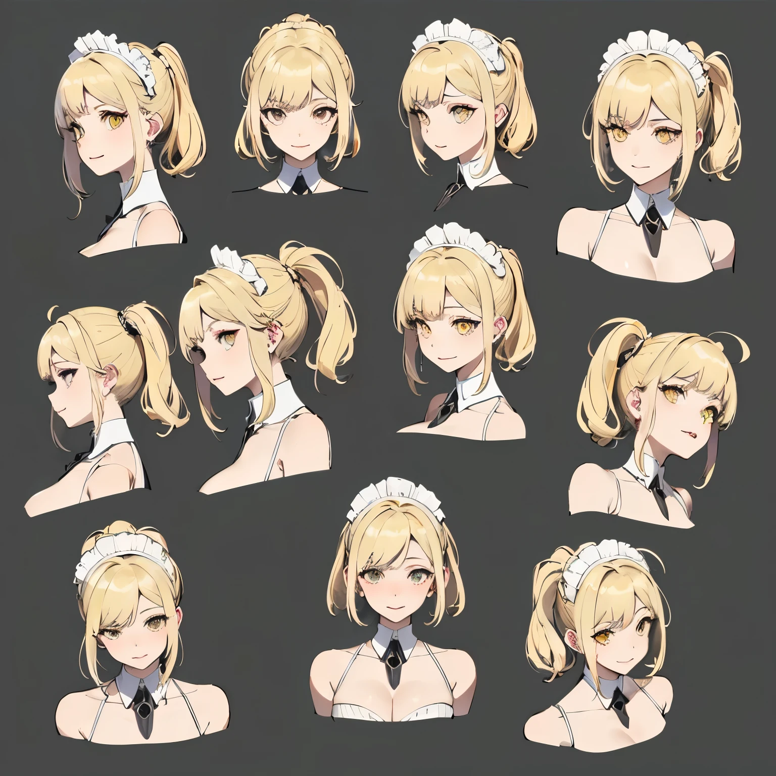 (masterpiece, 8K, highest quality, very detailed, 1 mature woman), (Consistent personality, same character), (blonde hair, yellow eyes), (very detailed顔と肌の質感, fine eyes), evil smile, big breasts, alone, (maid), white background, bare shoulders, enchanting smile, (multiple views, multiple angles), Side view, Front view, look up, look down, Rear view, 20-degree head view