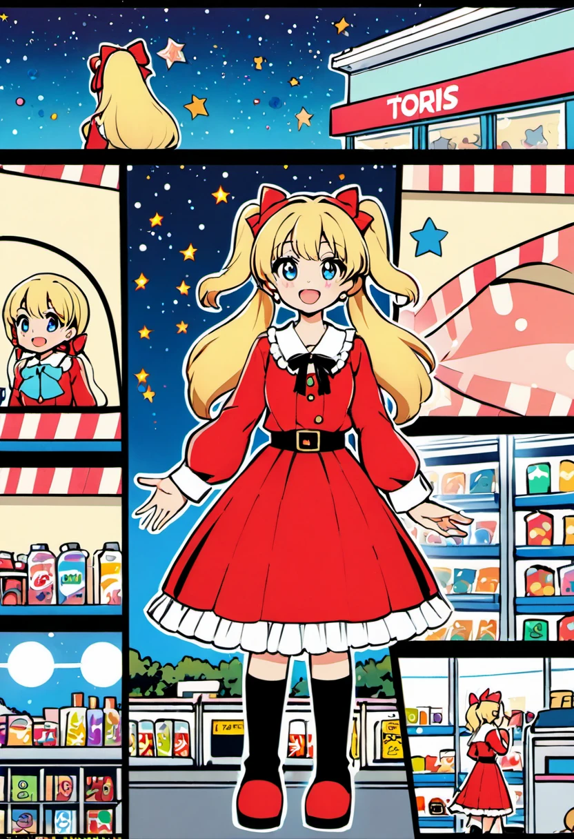 Candy Candy\' by Toei Animation, detailed art style, vintage aesthetic, emotional melodrama, inspired by Keiko Nagita and Yumiko Igarashi's original manga, in a midnight convenience store, starry night, vignettes, comic, dress, blonde_hair, twintails, boots, flower, bow, open_mouth, red_dress, hair_bow, frills, retro_artstyle, ribbon, smile, blue_eyes, long_hair, long_sleeves, full_body