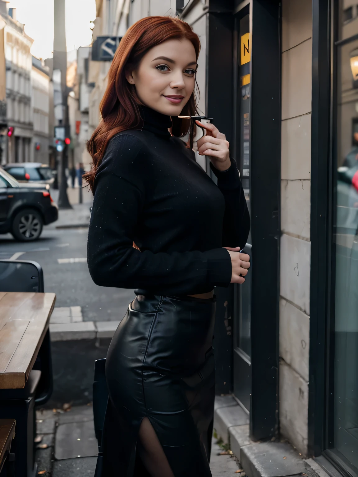 Beautiful smiling lips open page red haired Bettie in dark blue, manteau noir long et ample, gants noirs, in a large black turtleneck with a small black round pendant in a long brown pencil skirt with a side slit, debout devant un café dans la rue de la perspective Nevski, sac bordeaux ,attendre le taxi, fumer une cigarette , elle veut faire l'amour avec moi maintenant,photo capturée en Ultra HD époustouflant, 8k resolution, Nikon D850,