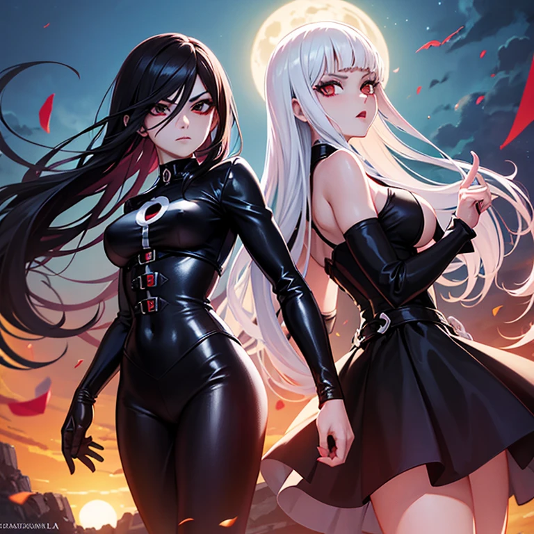 Young adult woman with pale skin, Red lips, sharp yellow eyes, slim and proportionate body, long loose wavy black hair, wearing a tight black dress with a loose collar where her cleavage can be admired, v cut in skirt wearing purse in a city at night