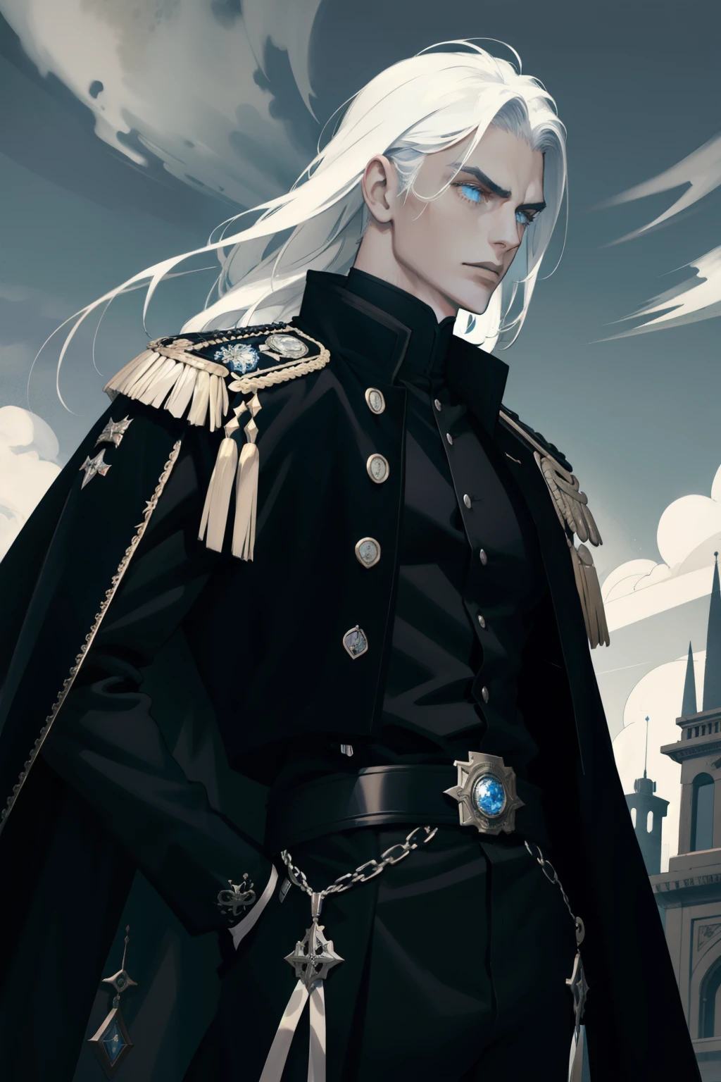 (masterpiece, best quality), 1 male, mature, aged up 19 years old, tall muscular guy, wear black long coat, finely detailed eyes and detailed face, , intricate details, dark fantasy, old vibe, cool face, Admiral, medium long mullet with bangs, white hair, blue eyes with detail, intimidating, commander, old crunch, cloudy, dark vibe