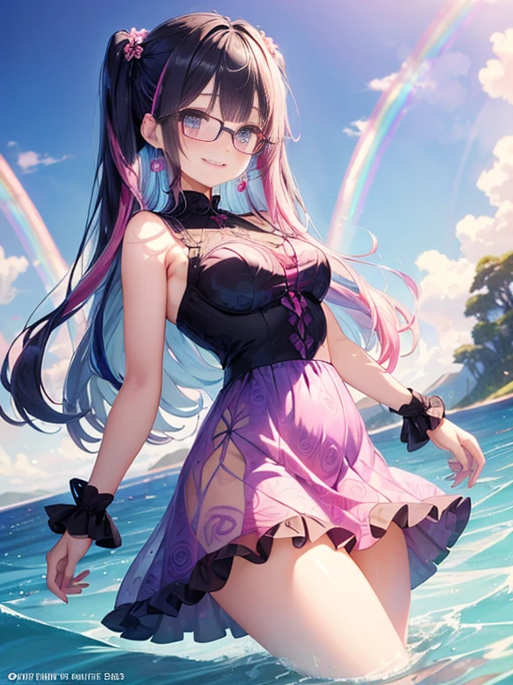 小さなgirl、Glasses、petal、thick thighs、big ass、 (alone:1.5,)Super detailed,bright colors, very beautiful detailed anime face and eyes, look straight, shiny_skin,girl,(((long hair、rainbow colored hair, colorful hair, Half black、half pink hair: 1.2))) 、forehead is exposed.、shiny hair, delicate beautiful face, blush、(turquoise eyes), White skin, Valletta, earrings,、blue flower field、(((See-through、Pink tsunami patterned ruffle dress、purple mini skirt)))、twin tails、smile、smile、Face dyed red