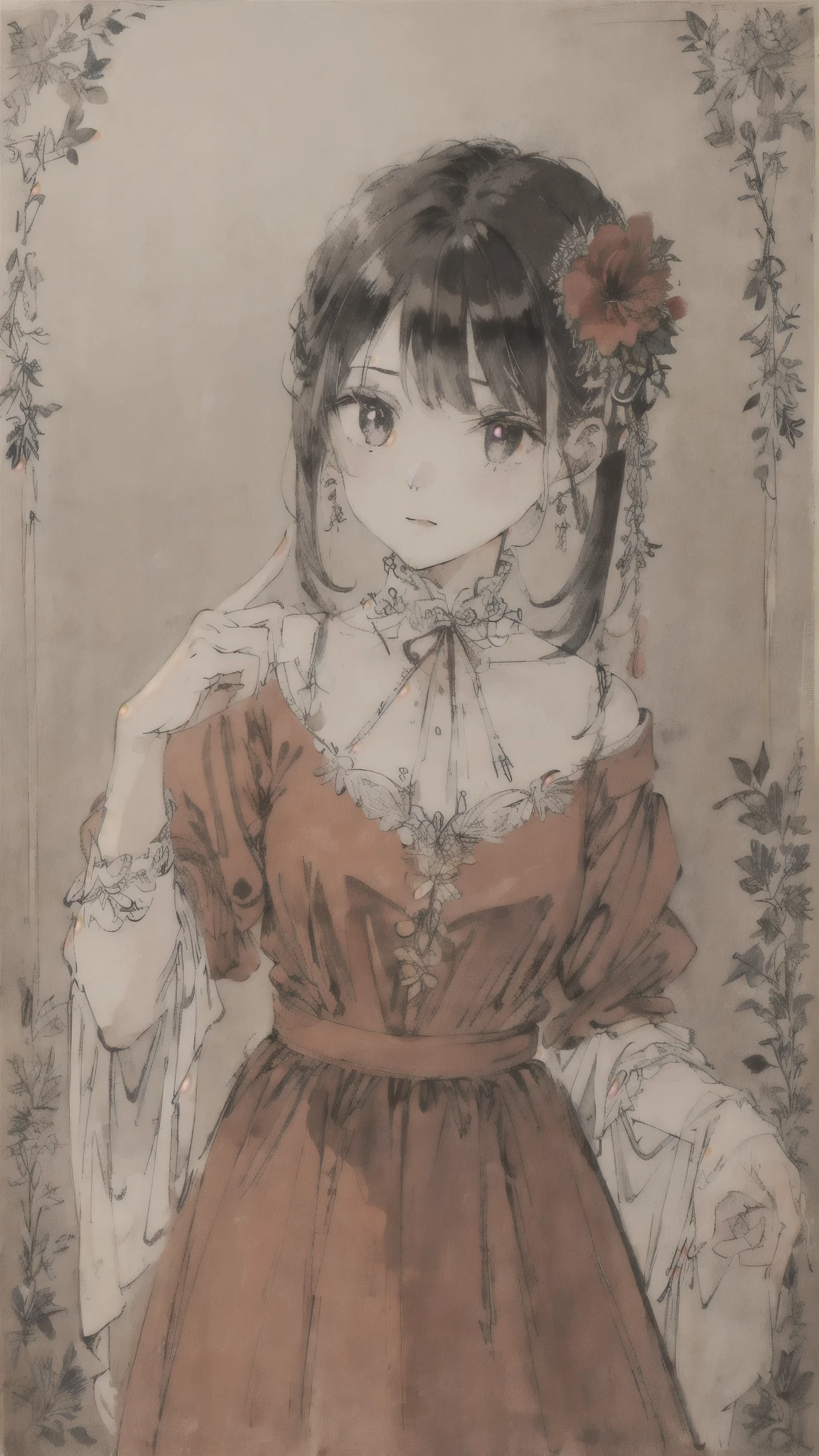 Antique paintings、girl、mirror、raise your index finger、gothic、flower