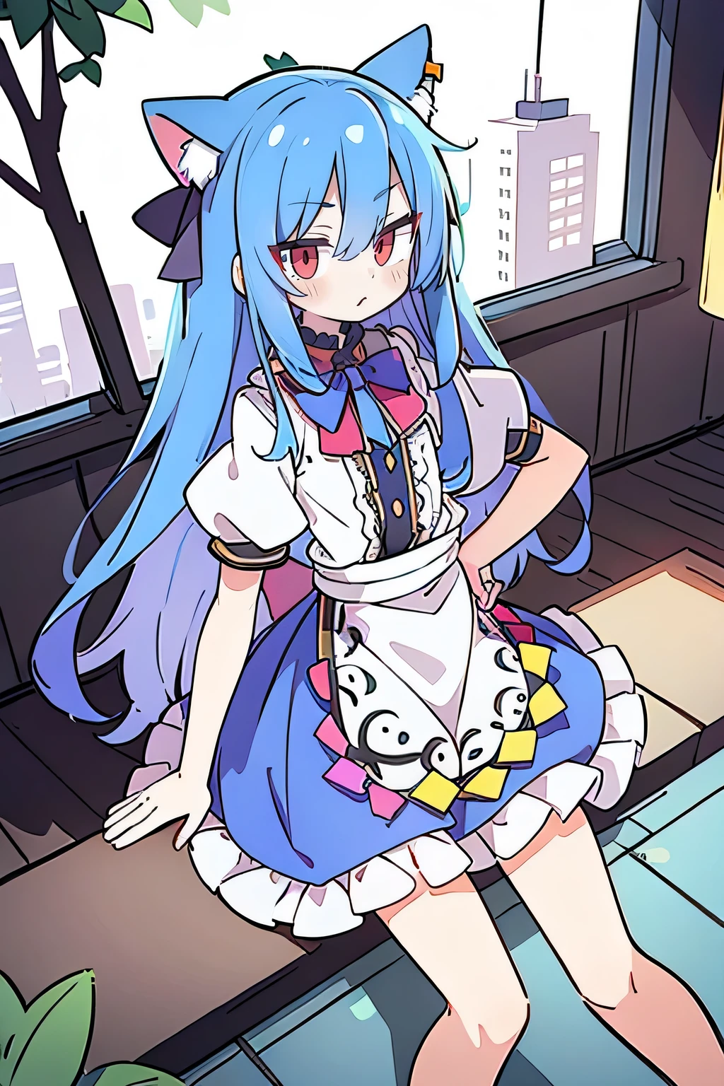 (masterpiece),best quality, expressive eyes, perfect face, 1girl,
 Put your hands on your waist,fair, Gorgeous,Japanese cartoons,girl,lola,Hina Angel, blue hair, blue haired, floating clothes,Grab your waist, Grab your waist, hands on hips , hands on hips,sit, sit on ground, Legs on the ground, flat chest,cat ears,