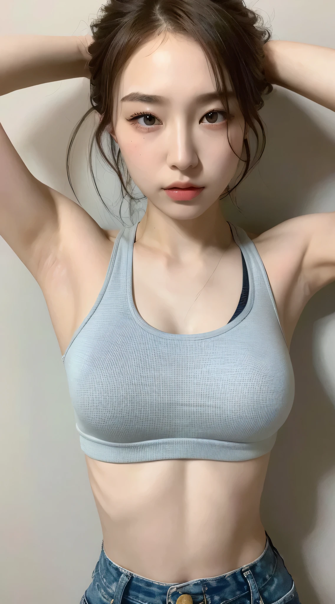 ((highest quality, 8K, masterpiece :1.3)), 1 girl, A cute woman who emphasizes her slender abdominal muscles :1.3, (random hairstyle :1.2), oversized tank top :1.2, super detailed face, fine eyes, double eyelid, armpit