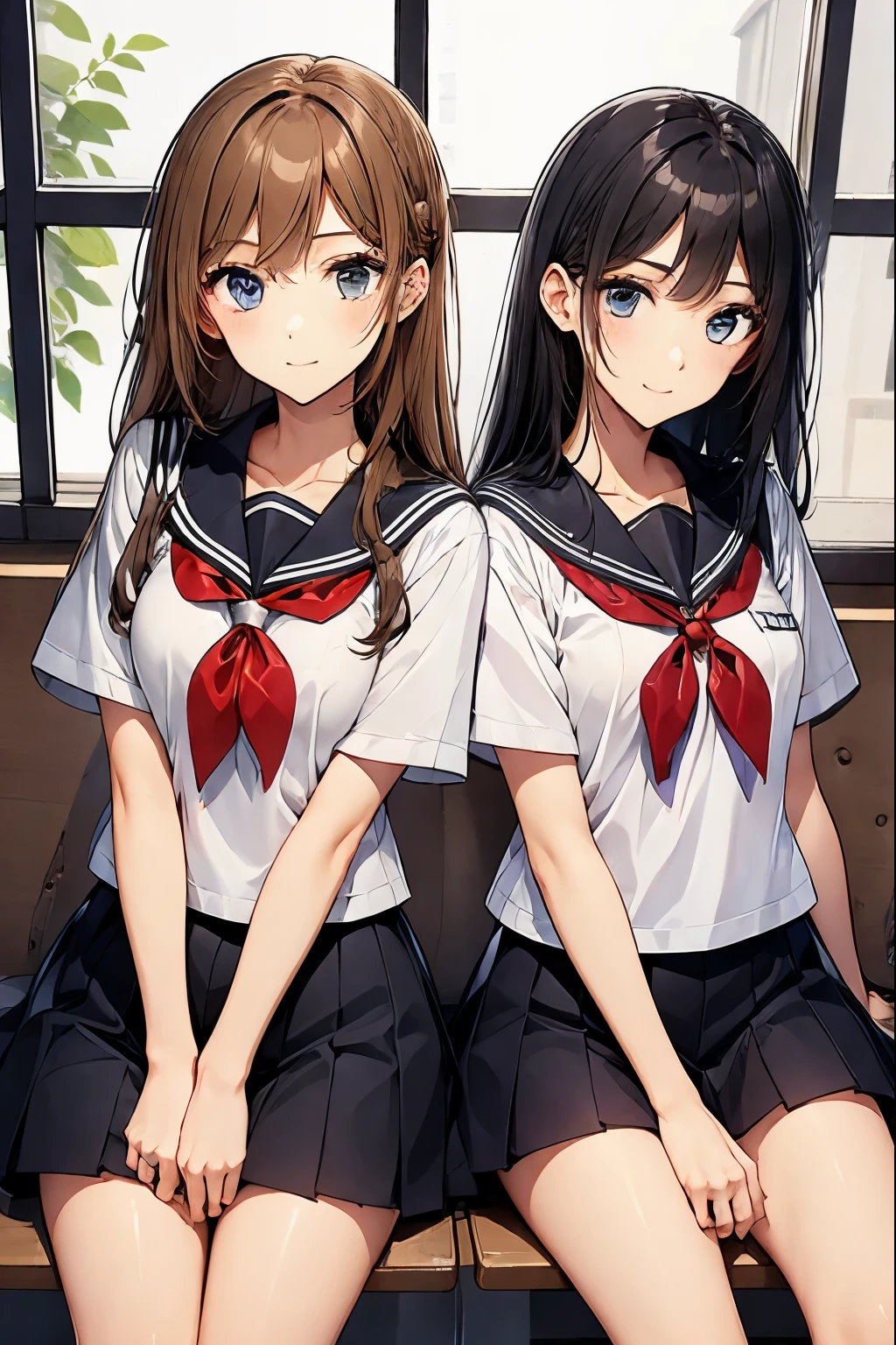 Two high school girls sitting in a classroom、seductive smile、