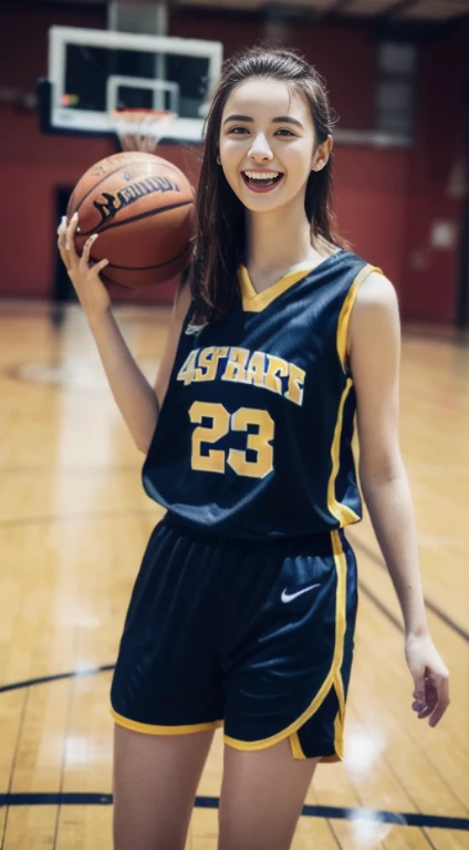 (4k、highest quality)、(realistic、Photoreal)、
1 girl、solo、(full body:1.2)、basketball uniform、Indoor basketball court、(bob hair:1.3)、(wet hair:1.1)、(sweaty face:0.8)、(wet skin:1.1)、laughter、
perfect hands、detailed face、20-year-old、