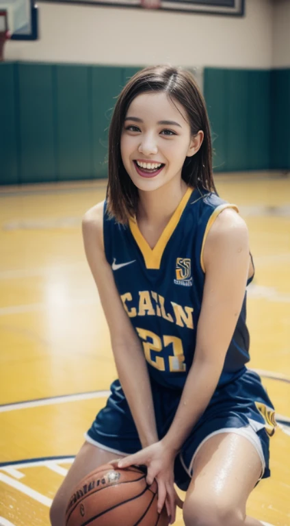 (4k、highest quality)、(realistic、Photoreal)、
1 girl、solo、(full body:1.2)、basketball uniform、Indoor basketball court、(bob hair:1.3)、(wet hair:1.1)、(sweaty face:0.8)、(wet skin:1.1)、laughter、
perfect hands、detailed face、20-year-old、