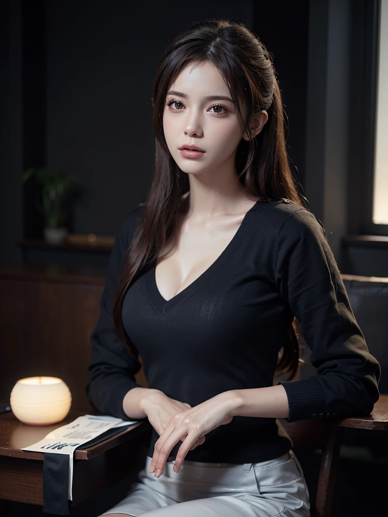 Fantasy art, photorealism, dynamic lighting, artstation, poster, volumetric lighting, very detailed faces, (official uniform: 1.4), long hair, sweater, delicate collarbone, bare shoulders, full breasts
