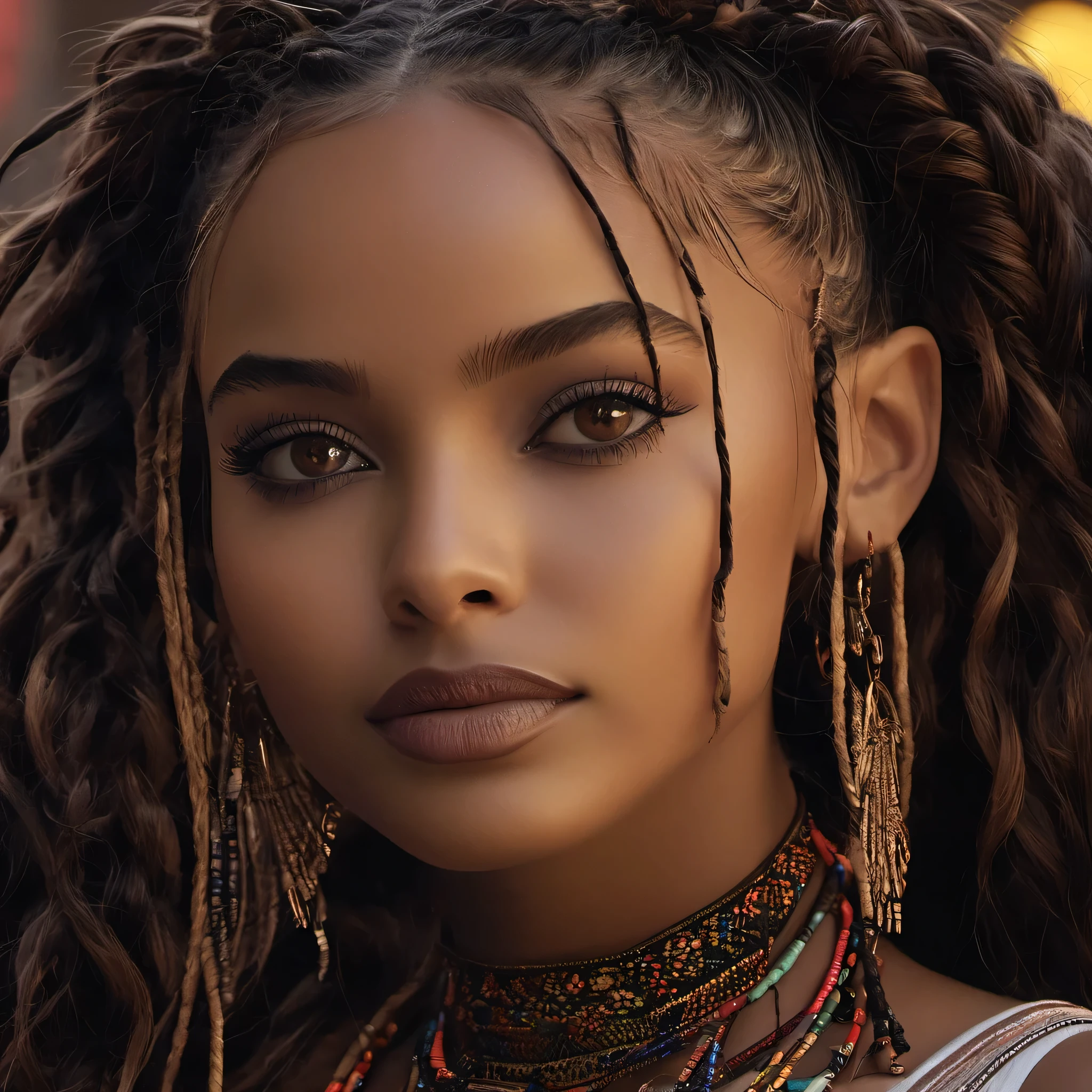 masterpiece, best quality, perfect eyes, high details, 4k, 8k, 1girl,solo,long hair,looking at viewer,brown hair,black hair,brown eyes,jewelry,braid,earrings,dark skin,dark-skinned female,lips,makeup,blurry background,portrait,close-up,forehead,hoop earrings,realistic,dreadlocks ,glowin eyes