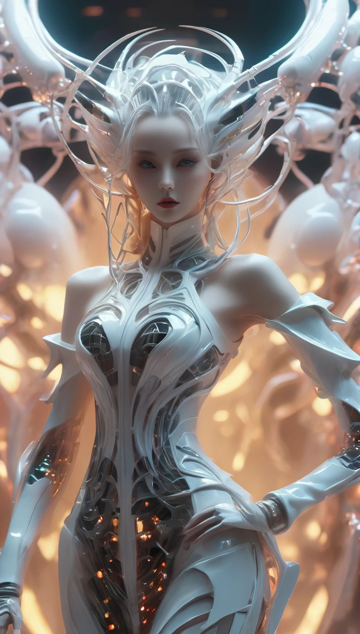 Alien Technology Fashion Runway , Vogue Photos , Inspired by Chinese fairy tales and cyberpunk。(Highest quality,4K,8k,High resolution,masterpiece:1.2), (Realistic,Realistic,Photorealistic:1.37).