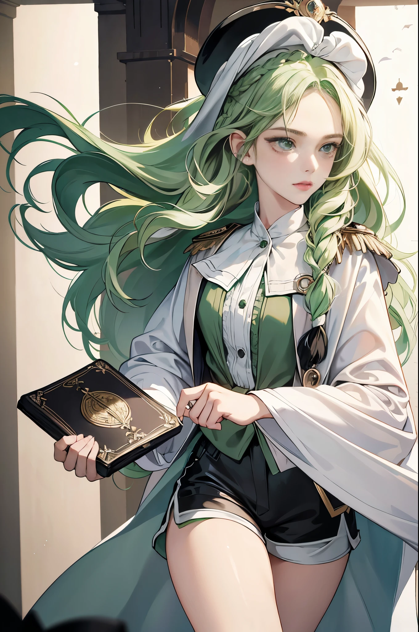 masterpiece, ultra detailed, 8k portrait, RAW photo, portrait photography, highly detailed face, beautiful and meticulous eyes, ((Fantasy)), Young beautiful, 22 years old, (((drooping eyes))), dynamic pose, (((Medium wavy light green hair))), ((braided twin tail)), parted bangs, White skin color, Luxury, (((black mortarboard cap))), (((white silk long cloak))) fluttering in the wind, (((many buttons Shirt dress))), (((black shorts))), high cut leather boots, ((holding magic book)), Midday Sun, hyper realistic, Body model, Small breasts, Beautiful breasts, Long legs, in the castle, Ambient lighting, Shadow details , Camera focus on thigh, strong breeze, Light fog