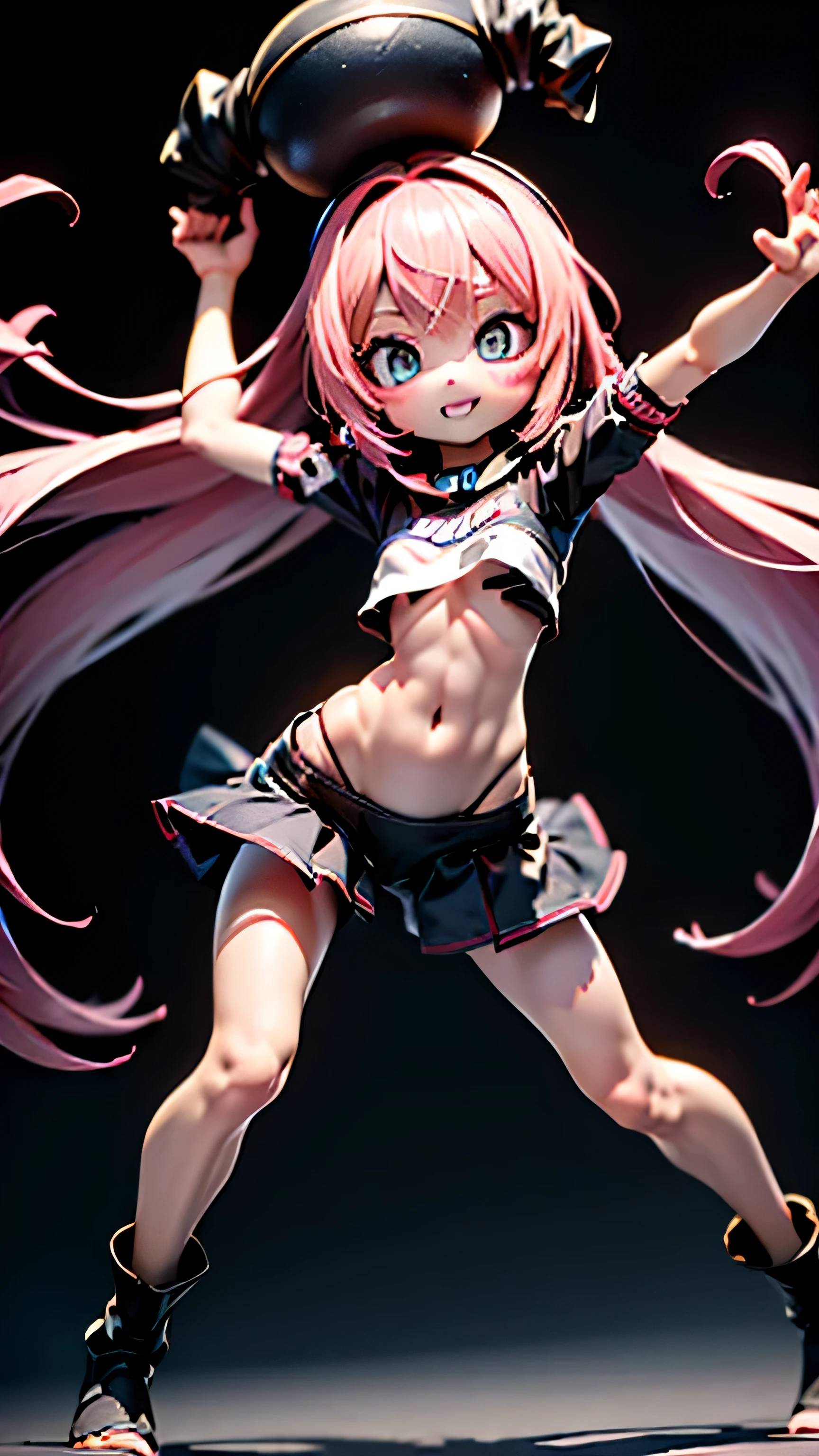 Milim Nava, 2d,#calidad(8K,fondo de pantalla de una unidad CG extremadamente detallada, masterpiece,high resolution,top-calidad,top-calidad real texture skin,hiperrealista,increase resolution,Fotos CRUDAS,la mejor calidad,muy detallado,el fondo de pantalla), ROMPER,solo,#1 chica(lindo,kawaii,sonrisa maligna,pelo flotando,cabello desordenado,PELO ROSA,pelo largo,pelo de dos colas,pale skin,ojos rojos brillando,ojos grandes,dynamic pose:2.0,stomach shown :0.8,moda punk:1.4,dynamic pose:1.4),#fondo(afuera,[chibi:2.0], noche oscura, llamas azules, pose de pelea, fondo negro