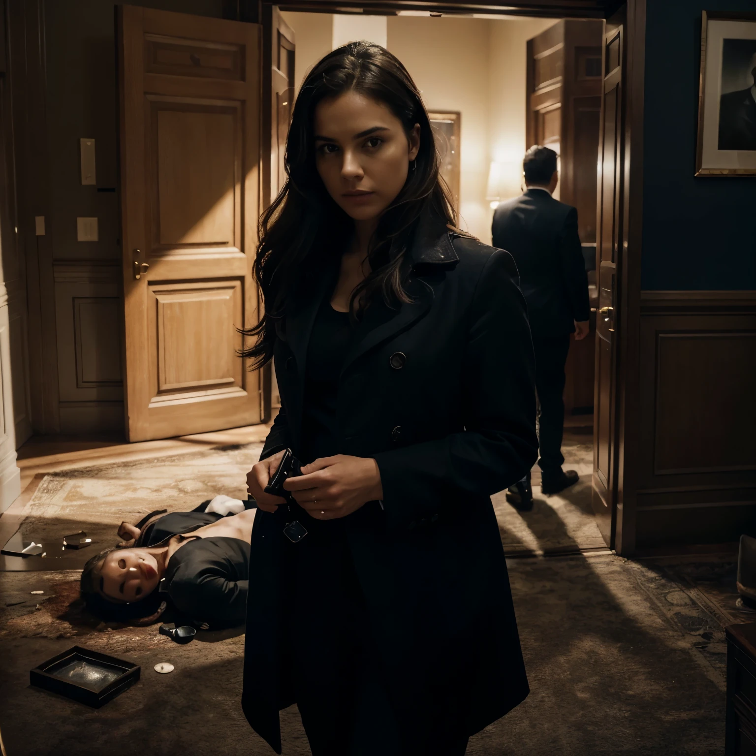 In an illustration,Describe the cover of a book about a wealthy man who is murdered after a burglary.。The plot revolves around a female detective and the police,They are looking for the real murderer。
Main body of the screen:
- A rich man lying dead on the floor, surrounded by broken glass and a shattered safe.
- A detective with a magnifying glass, examining the crime scene, looking for clues.
- Police officers in the background, scouring the room for evidence.
Material:
- A detailed illustration, with a mix of realistic and artistic elements.
- Fine brush strokes and vibrant colors to capture the essence of the scene.
Additional details:
- A stylish and luxurious interior, reflecting the wealth of the victim.
- Clues scattered throughout the room, such as fingerprints, footprints, and a hidden message.
- A portrait of the victim, capturing his rich and arrogant demeanor.
Image Quality:
- (best quality,4k,8k,highres,masterpiece:1.2),ultra-detailed
- Every detail of the scene is depicted with precision and clarity.
- The texture of the objects in the room is highly realistic.
Art style:
- Crime noir, with a hint of suspense and mystery.
- A mix of realistic and stylized elements to create a visually captivating scene.
Color tone:
- A moody and dark color palette, with shades of deep blue and noir-inspired tones.
- Highlights and pops of color to draw attention to important details.
light:
- Dramatic lighting, casting long shadows and creating an atmosphere of intrigue and suspense.
- Spotlight on the detective, emphasizing her role as the central figure in the investigation.