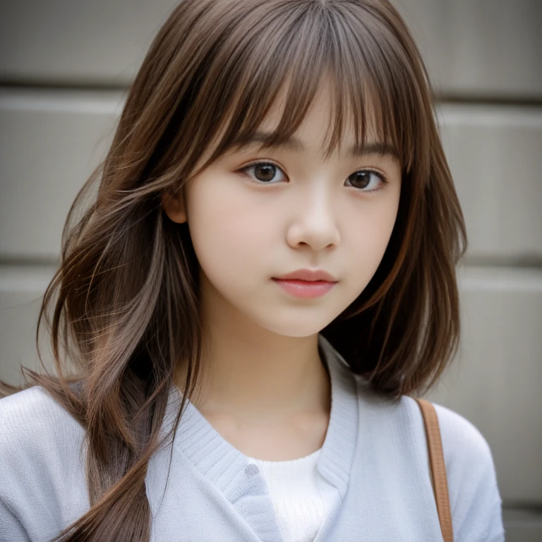 beautiful girl, portrait, masterpiece, Best Quality, Photo-realistic, Ultra-detailed, High resolution, 8K Wallpaper, , Japanese Korean and Russian mixed face, noble pure innocent and cute face, dark brown messy long hair, accurate human skeleton, Perfect dynamic composition, Beautiful detailed eyes, detailed hairs, Detailed realistic skin texture, basement background, concrete wall background, bright light, sunlight, 