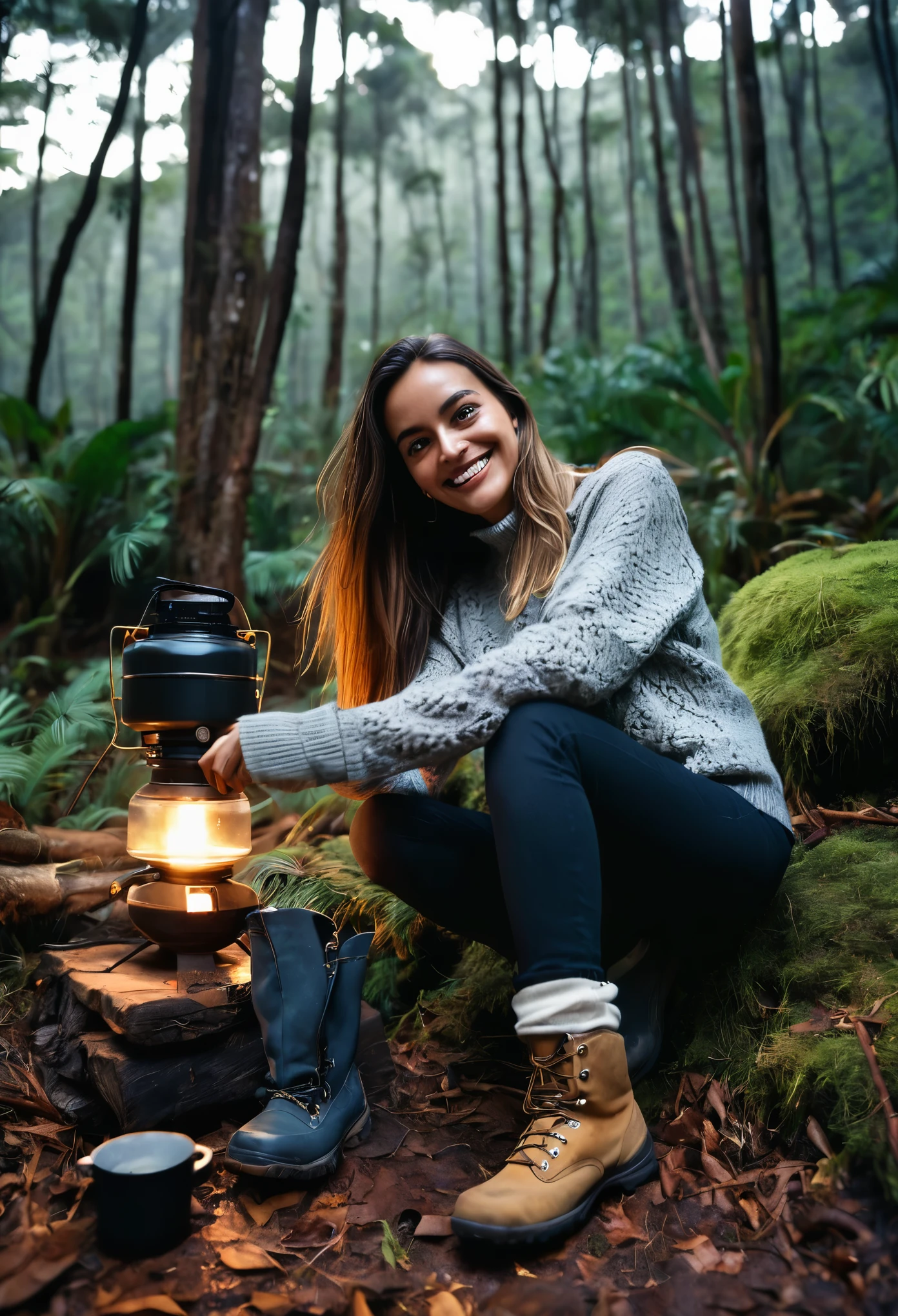 1 mulher ((tronco selfie, feliz)), obra de arte, Melhor qualidade, ultra-detalhado, Sozinho, ao ar livre, (noite), montanhas, Natureza, (estrelas, lua) alegre, feliz, mochila, saco de dormir, camping stove, garrafa de agua, botas de montanha, luvas, sweater, tem, lanterna, floresta, pedras, rio, madeira, Smoke, Sombras, contraste, clear sky, analog style (olhe para o visualizador:1.2) (textura da pele) (Film grain:1.3), (tom quente, tom quente:1.2), fechar-se, cinematic light, side lighting, ultra high resolution, melhor sombra, CRU, tronco, wearing pullover