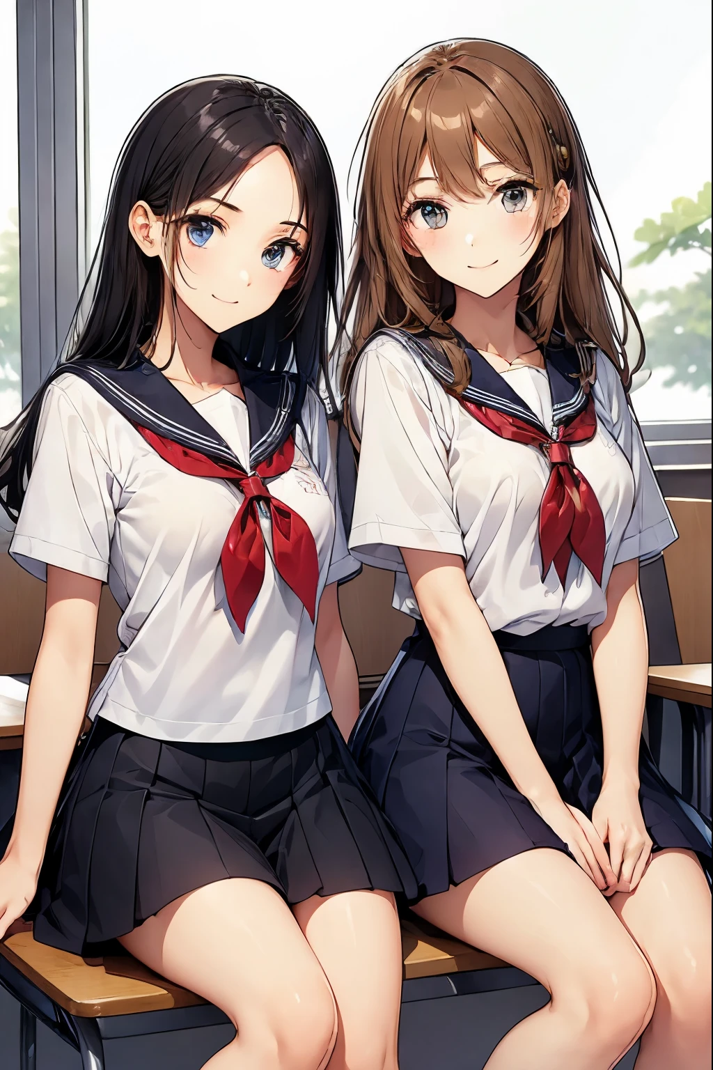 Two high school girls sitting in a classroom、seductive smile、