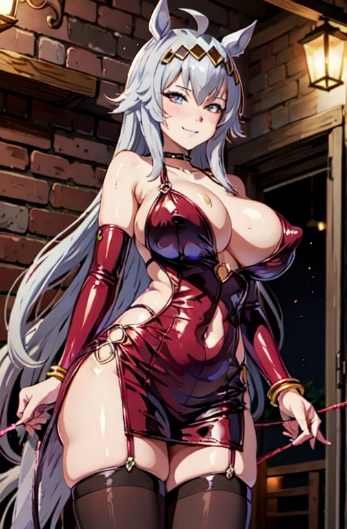 1girl, (solo), masterpiece, best quality, detailed face, face focus, (evil smile), smirk, frown, (vulgarity:1.2), steam, breath, sweat, shiny skin large areolae, puffy nipples, huge breasts, anime girl wearing a blue dress, microdress, shiny dress, elbow gloves, navel, waist cutout, underwear, microskirt, thigh highs, o-ring, necklace, bracelet, golden, jewelry, bright pupils, horse ears, horse girl, bright pupils, horse ears, horse girl, long hair, oguri cap \(umamusume\), purple eyes, ear_ribbon,