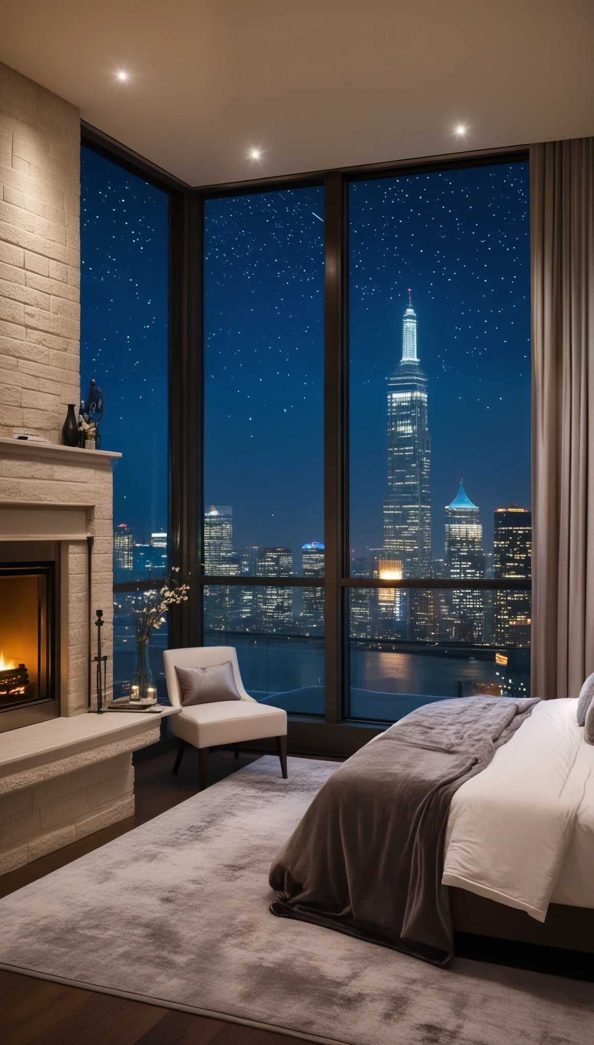 A peaceful luxury bedroom with a cozy fireplace and floor-to-ceiling windows revealing a tranquil city skyline under a starry night sky, creating a serene and romantic ambiance.