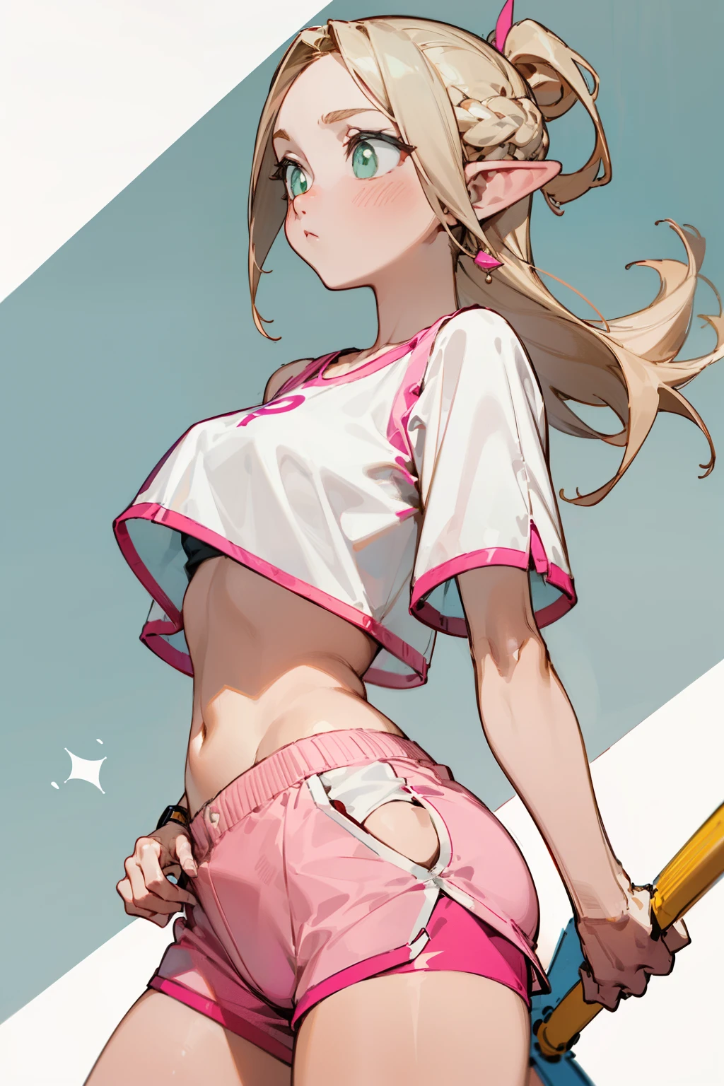 (masterpiece, best quality) detailed, silver accessories , Blonde ,elegant, pointed ears ，((White short top)), ((Pink shorts ,Pink sports shorts)), 