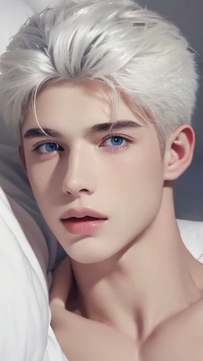 Portrait of a young man, shirtless, blushing, white haired, in bed, red velvet, handsome supermodel, Greek profile, Greek face, strong jaw, white skin, extremely pale skin, attractive boy, white haired boy, cinematographic, best quality, sharpness, focus on the boy, anatomical perfection, golden ratio, open legs, red underwear, bluge, perfect anatomy, perfect symmetry, facial symmetry, body symmetry