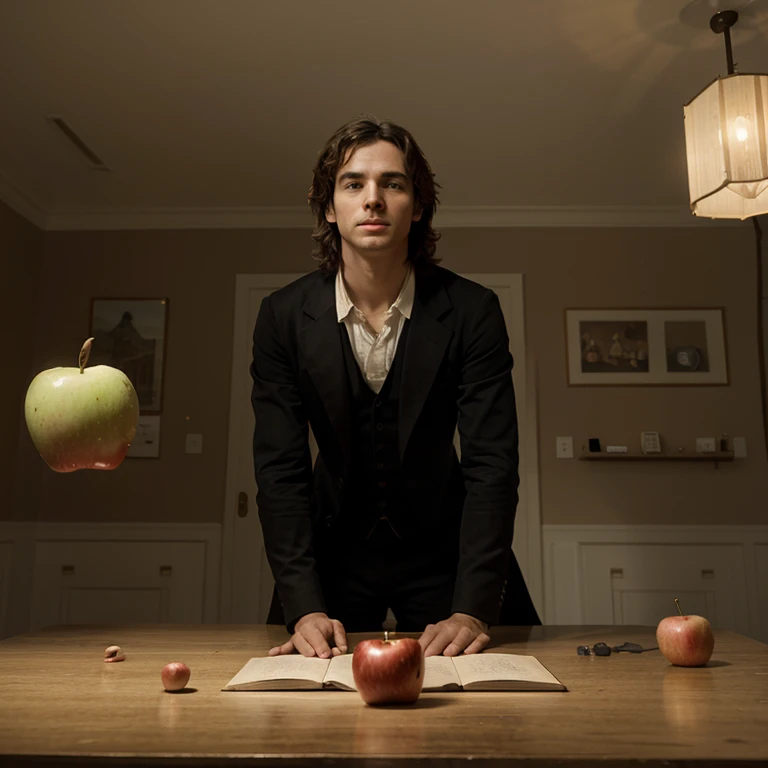 Create a movie image about Newton that contains his iconic apple as a discovery of gravity 