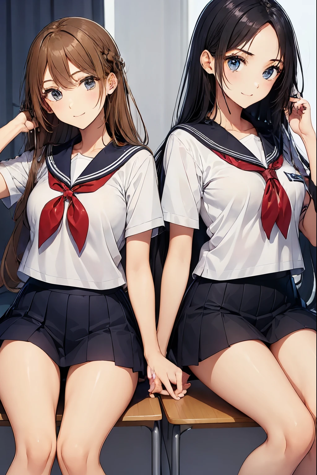 Two high school girls sitting in a classroom、seductive smile、