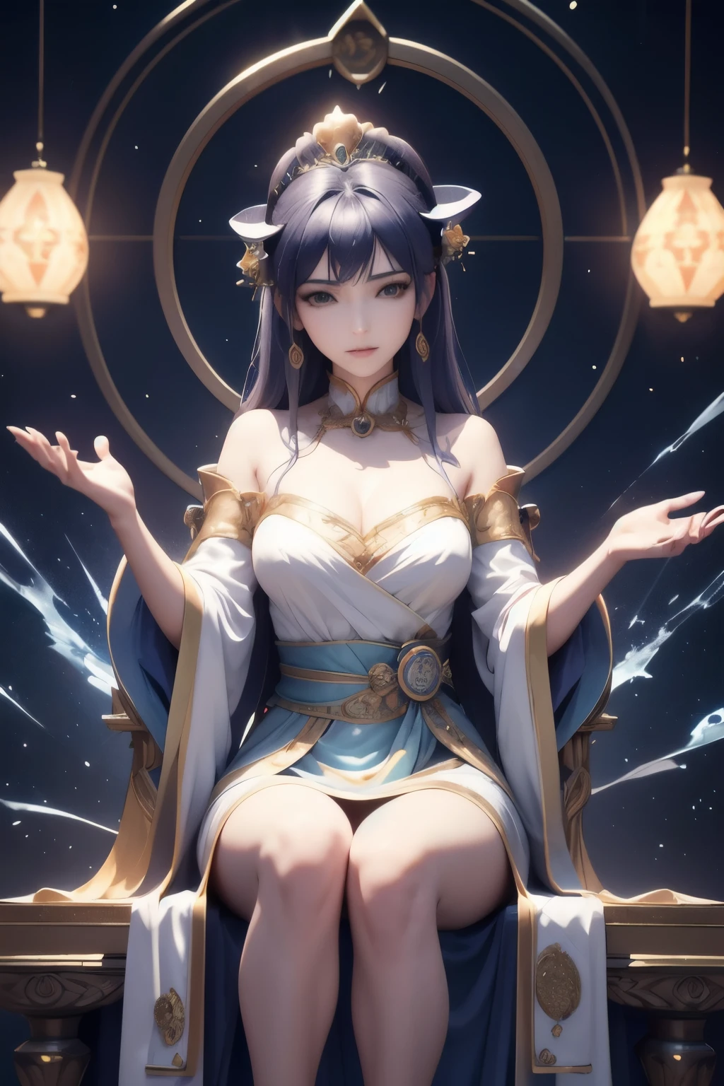tarot cards、empress、3D、front、dignity、grace、robe、Bright colors、a look of compassion、sitting on the throne、bathed in light
