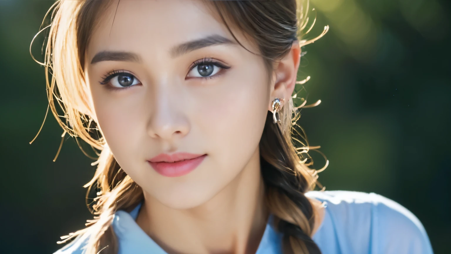 (((32k,very high resolution, high detail, very accurate,傑作girl1))),Raw photo & realistic atmosphere,beautiful dark blue eyes,detailed mouth,glossy lips,fine eyebrows,Soft white skin that shines in every detail,,detailed eyes、Very beautiful eyes with deep blue eyes,lip details、very beautiful face,very well-shaped face、lifelike face,glossy beautiful lips,beautiful eyebrows,infinite reality,best design,(A very cute and modest 18 year old Japanese girl.,,toned body,Perfect Gal Leader Model,Beautifully shaped breasts,とても可愛い美girlです,girl:1.5),best natural makeup,japanese id,korean idol,Young sensual idols,Moist eyes,dark beautiful eyes,beautiful butt,beautiful feet,,camel's foot,:1.3),超A high resolution、,natural and realistic face,Backlight,Her pure eyes are too cute,(((photorealism,Take a full body photo))),,reality live action,(simple earrings,necklace,nail art,Sheer blouse,Her hair is a mixture of blonde and blue and tied in a braid.,solo,,smile slightly,Full body Esbian:1.7),(Full Body Fashion:1.8),(Cute pendant)
