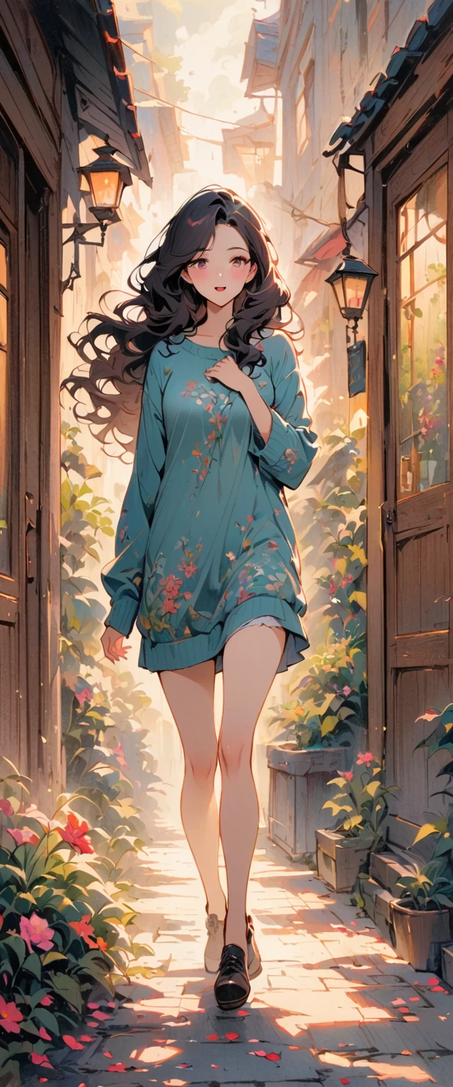 vintage movie, medium shot, depth of field, 1 girl walking, Mix 4, sweater, Mouth唇, Open_Mouth, alone, traditional media, wavy fine hair, long hair, Sunlight, (Beautiful and detailed makeup), blush, Stepping on the bluestone, Floral theme petals scattered, (Soft light blooms:0.5)