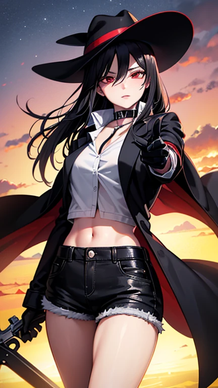 A western anime cowgirl, cowgirl,  mature woman, outdoors, shorts, very long black coat, a crop top white button-down shirt under the coat, one raised handle on one side, red inside the black coat, cowboy hat, night sky, empty area, sand, black denim clothing, perfect anime quality, masterpiece, perfect face, black hair, red eyes, evil look, black gloves, standing pose while pointing the gun