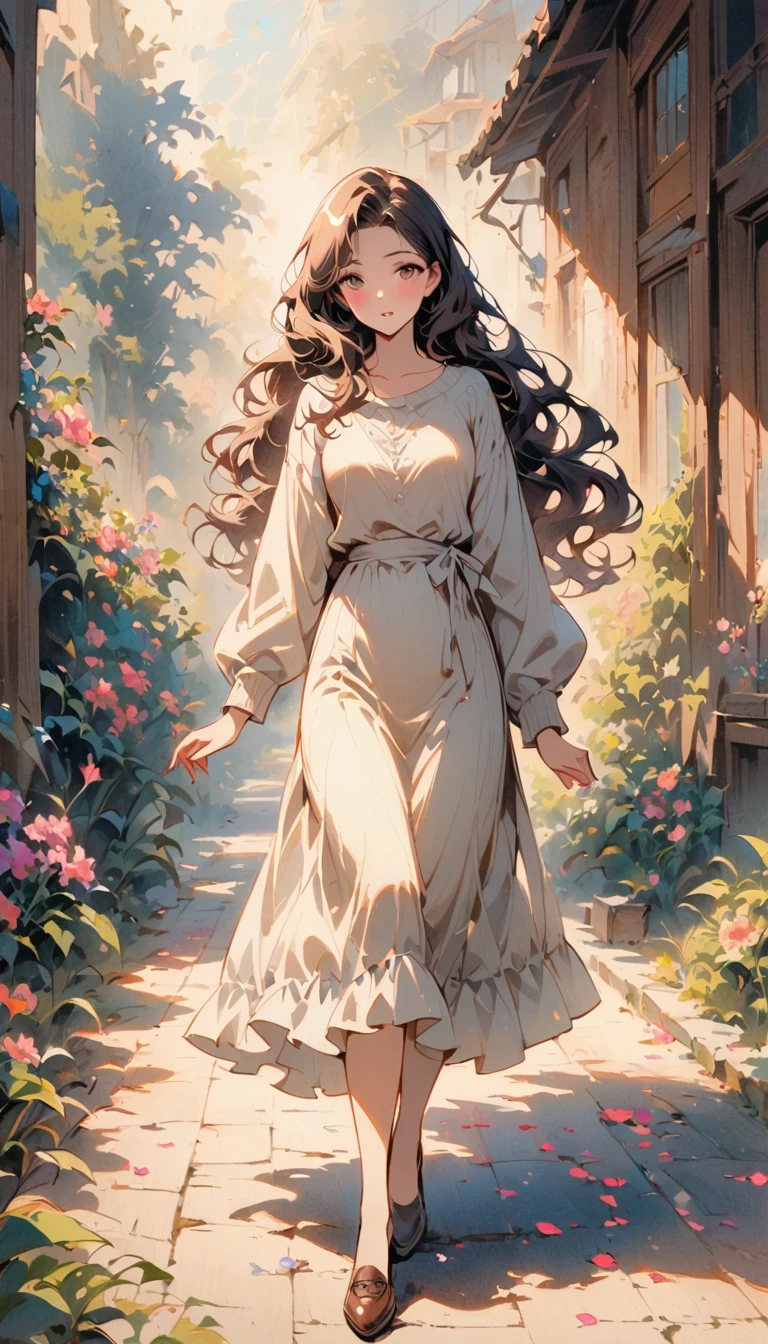 vintage movie, medium shot, depth of field, 1 girl walking, Mix 4, sweater, Mouth唇, Open_Mouth, alone, traditional media, wavy fine hair, long hair, Sunlight, (Beautiful and detailed makeup), blush, Stepping on the bluestone, Floral theme petals scattered, (Soft light blooms:0.5)