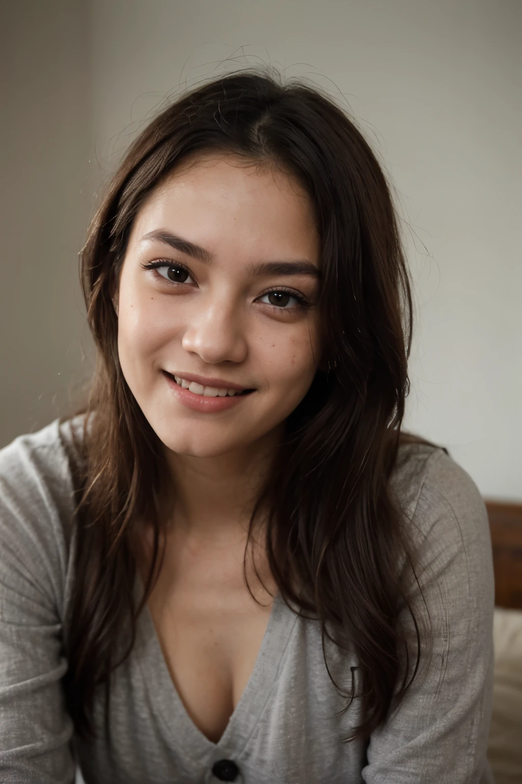 ((best quality)), ((masterpiece)), (detailed), perfect face, filipino-danish girl, casual outfit, long dark vawy hair, big black eyes, a little bit of make up, small birthmarks, laughing, portrait, friendly smile